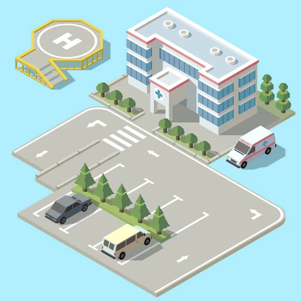 Hospital isométrico vectorial 3d, ambulancia con estacionamiento — Vector de stock