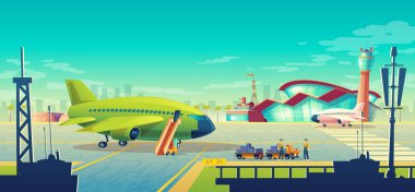 Vektör karikatür Havaalanı manzara, uçak pistte