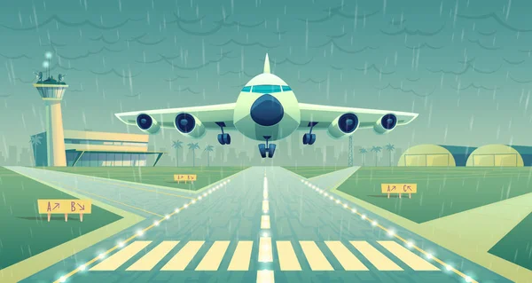 Vector dibujos animados avión blanco, jet sobre pista — Vector de stock