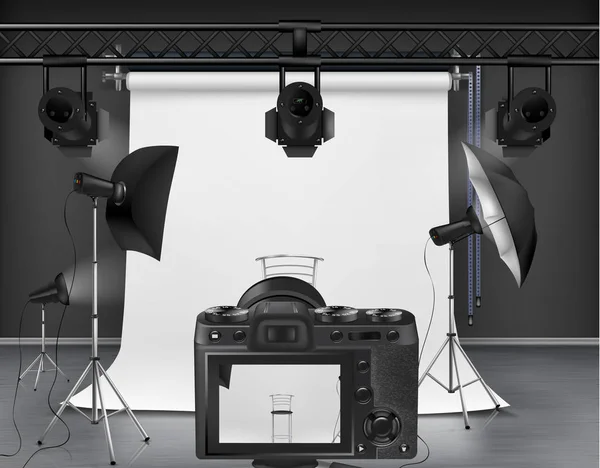 Studio fotografico vettoriale con attrezzatura per la fotografia — Vettoriale Stock