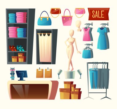 Vektör giyim mağazası ayarla, butik koleksiyonu moda