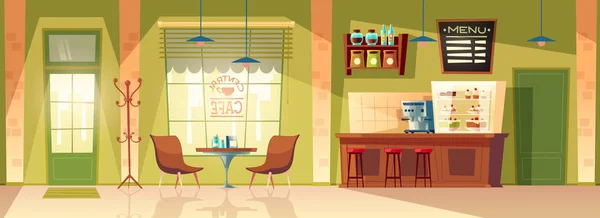 Fond de café dessin animé vectoriel, intérieur de la cafétéria, meubles — Image vectorielle