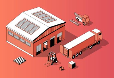 3D izometrik ambar kamyon ile vektör, forklift