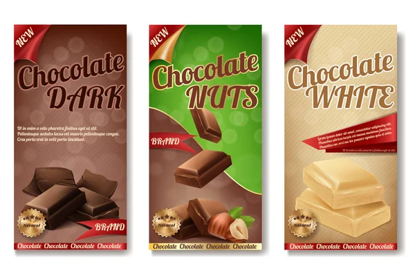 Collecte vectorielle réaliste d'emballages chocolat, étiquettes — Image vectorielle