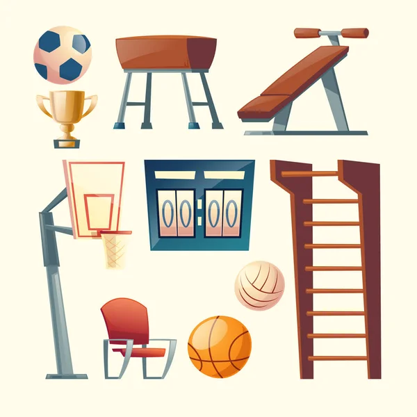 Vector cartoon set of gym equipment for school — Stock Vector