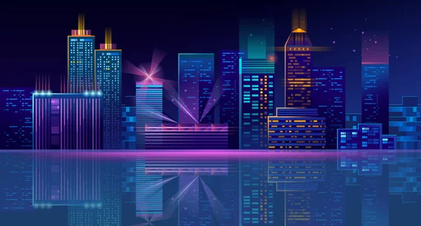 Vector neon megapolis background with buildings, skyscrapers — Stock Vector