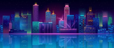 Vektör neon megapolis arka plan binalar, gökdelenler