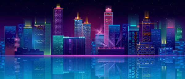Vettoriale sfondo neon megapoli con edifici, grattacieli — Vettoriale Stock