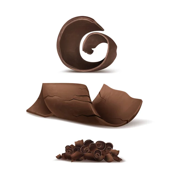 Vector 3d raspas de chocolate marrom realista, fragmentos — Vetor de Stock