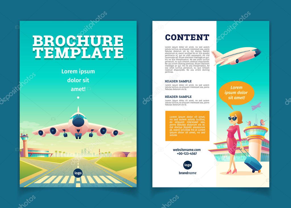 Vector brochure with airplane takeoff, tourism booklet