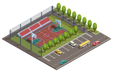 Vektör 3d izometrik basketbol alanı, otopark