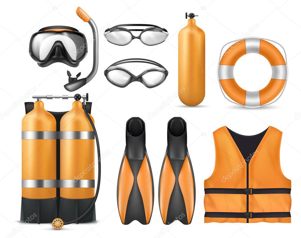 Vector set of diving equipment, scuba gear