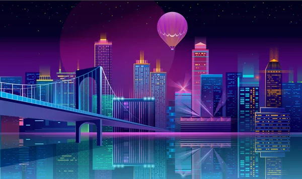 Fondo vectorial con ciudad nocturna en luces de neón — Vector de stock