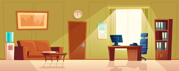 Bureau vide de dessin animé vectoriel avec fenêtre, intérieur moderne — Image vectorielle