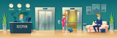 Vektör cartoon otel resepsiyonu. Lobi hanın.