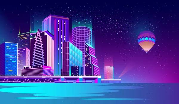 Fondo vectorial con ciudad nocturna en luces de neón — Vector de stock