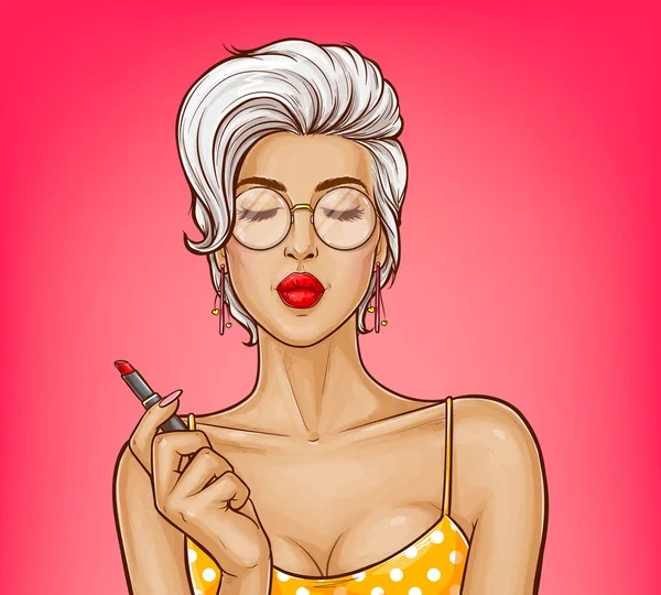 Vector girl with sexy lips holds red lipstick. — Stock Vector
