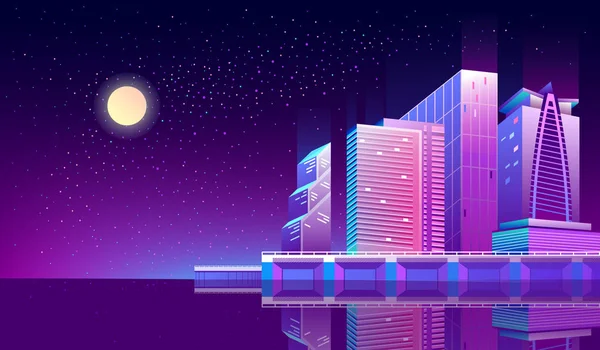 Vector bakgrund med natt city i neonljus — Stock vektor