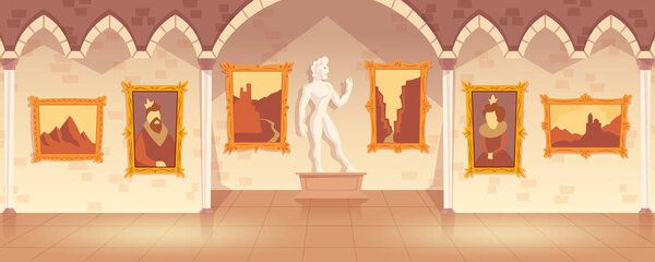 Vector museum exhibition of paintings on walls and antique statue, art gallery in medieval palace. Empty castle hall or ballroom with collection of pictures, interior inside. Cartoon game background