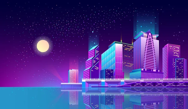 Fondo vectorial con ciudad nocturna en luces de neón — Vector de stock