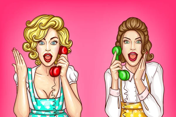 Vector women talk on the phone, excited housewives — Stock Vector