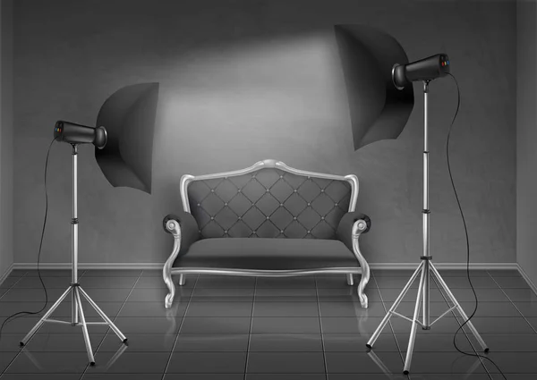 Vector photo studio with sofa and softboxes — Stock Vector