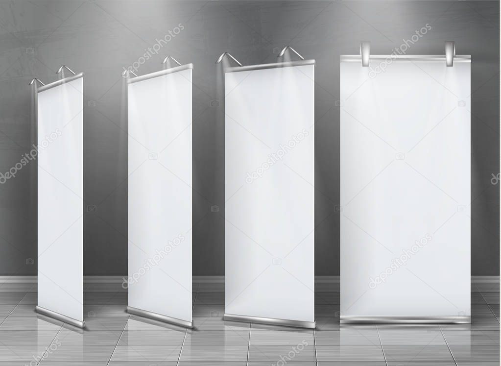 Vector blank roll-up banners, vertical stands
