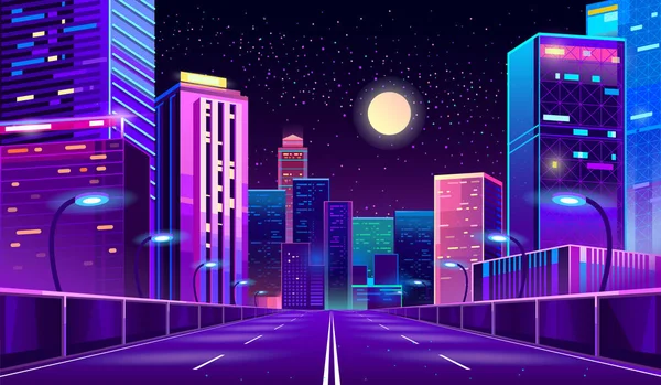 พื้นหลังเวกเตอร์ที่มีเมืองกลางคืนในแสงนีออน — ภาพเวกเตอร์สต็อก