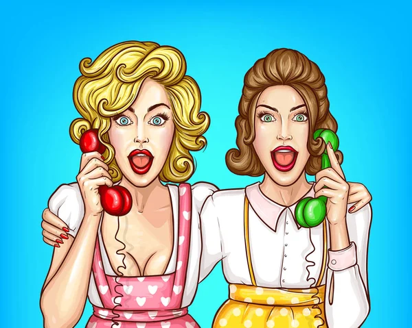 Vector women talk on the phone, excited housewives — Stock Vector