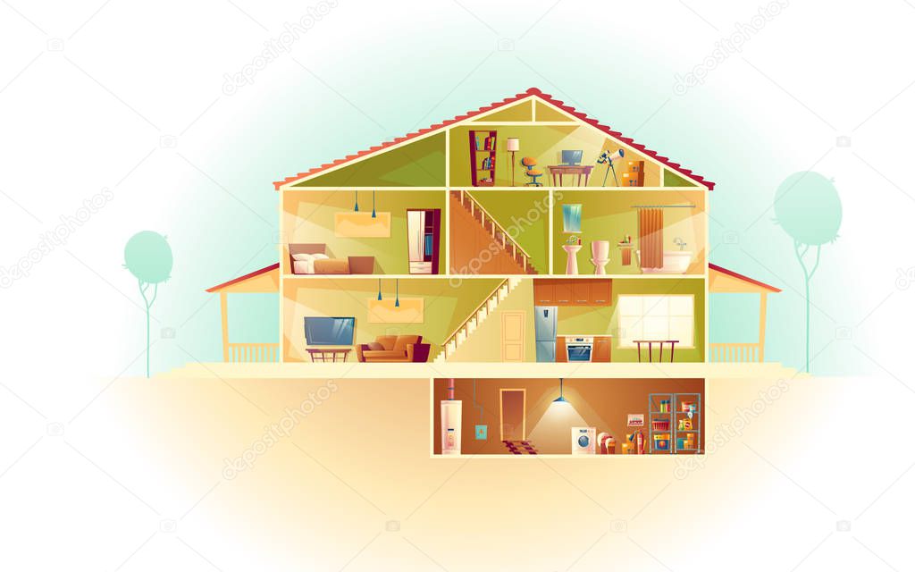 Vector cartoon house in cross section, background