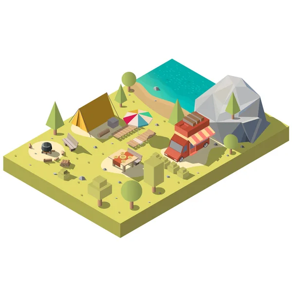 Vetor 3d território isométrico para camping, recreação — Vetor de Stock