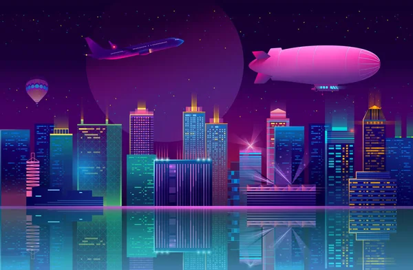Vector background with night city in neon lights
