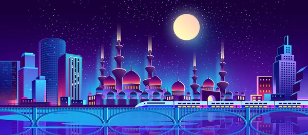 Vector nacht stad achtergrond met moslim moskee — Stockvector