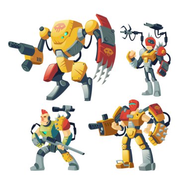 Vektör çizgi film robot muhafız, fütüristik dış iskelet zırh