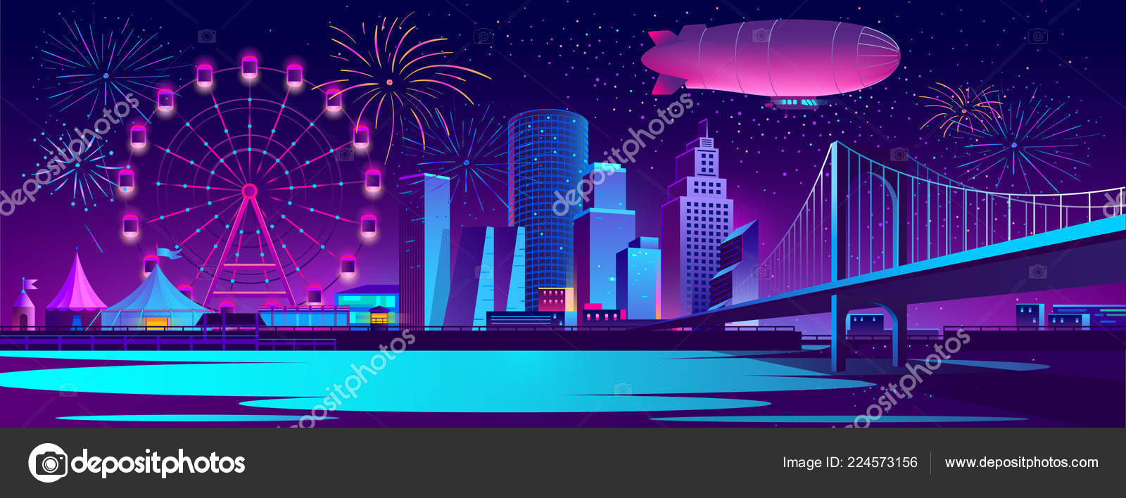 Concepto vectorial fondo con ciudad nocturna Vector de stock #224573156 de  ©vectorpocket, image size:1600x708