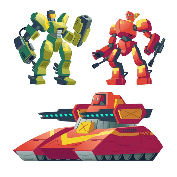 Vector cartoon robot guards, tank. Battle androids — Stock Vector