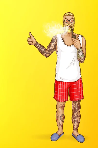 Vector pop arte tatuado barbudo homem fuma — Vetor de Stock