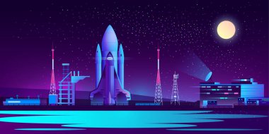 Vector spaceport, base at night with rocket clipart
