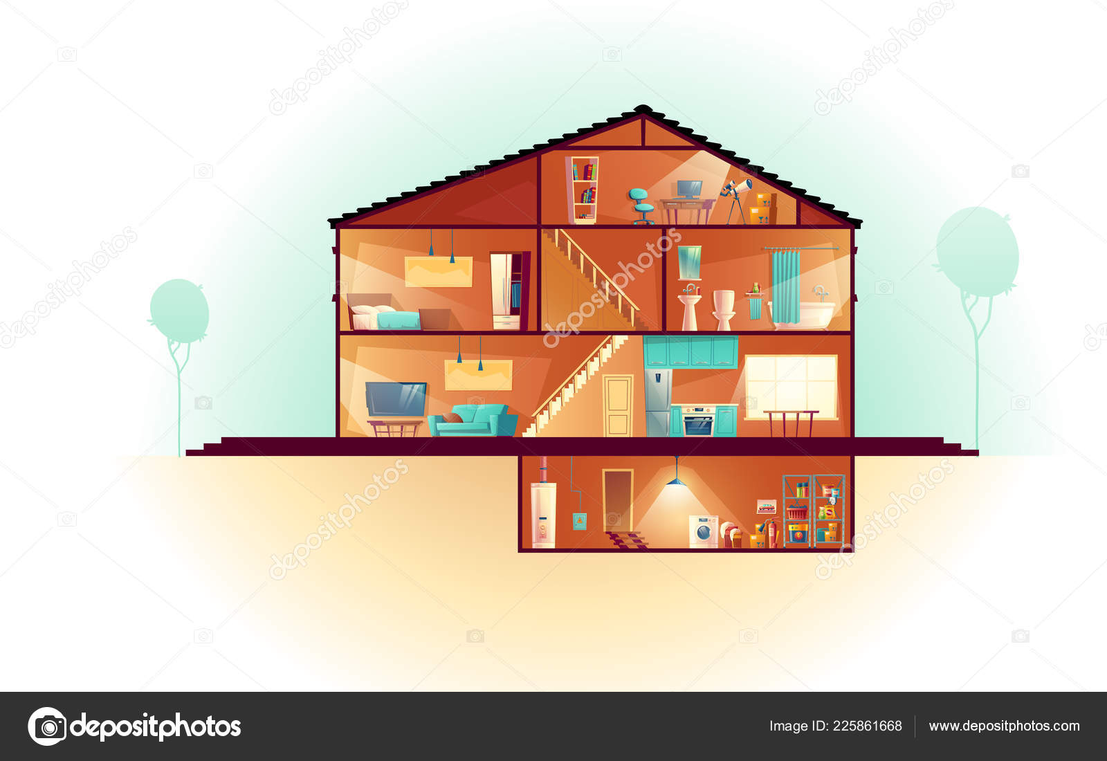 Haus Querschnitt Zimmer Plan Cartoon Vektor - Vektorgrafik: lizenzfreie
