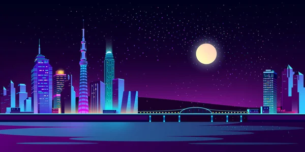 Fondo vectorial con ciudad nocturna en luces de neón — Vector de stock