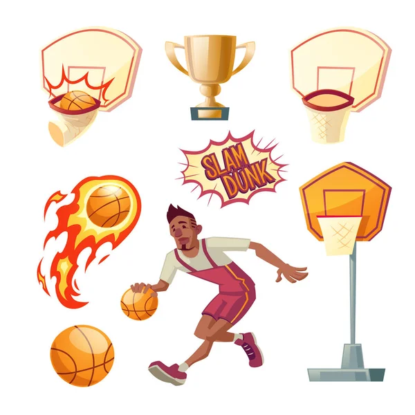 Διάνυσμα σύνολο μπάσκετ - αθλητής με μπάλα, καλάθι. — Διανυσματικό Αρχείο
