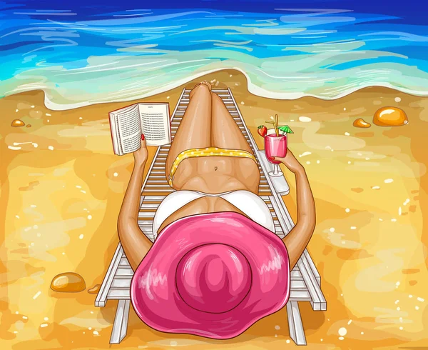 Vector mujer en bikini se encuentra en chaise-longue — Vector de stock
