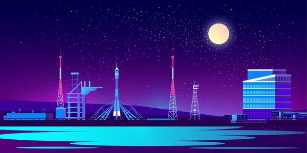 Port spatial vectoriel, base la nuit avec fusée — Image vectorielle