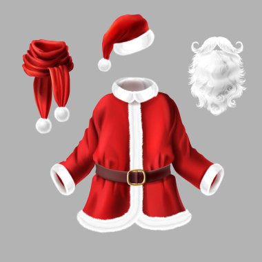 Vektör Noel Baba kostüm kıyafet partisi gri arka plan üzerinde izole için ayarla. Geleneksel Noel elbiseler ve aksesuarlar, maskeli balo, kemer, atkı ve şapka, beyaz kürk sakal ile kırmızı ceket