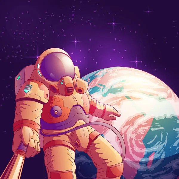 Astronaut making selfie in outer space vector — Stock Vector