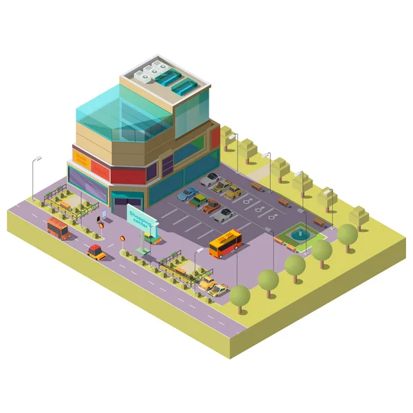 Centro comercial vectorial isométrico con zona de aparcamiento — Vector de stock