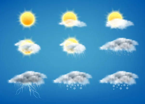 Vector 3d realistic set of weather forecast icons — Stock Vector