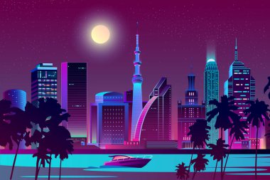 Vektör gece şehir nehrinde, tropikal megapolis