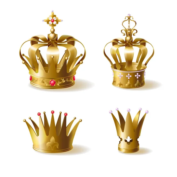 Golden royal crowns 3d realistic vector set — Stock Vector