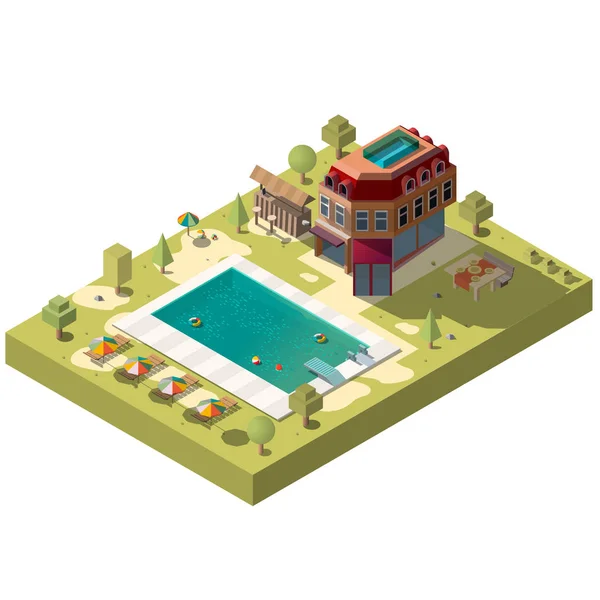 Luxury resort hotel building isometric vector with outdoor bar, children playground, restaurant and lounge chairs near swimming pool low poly 3d illustration. Recreation and tourism attraction object